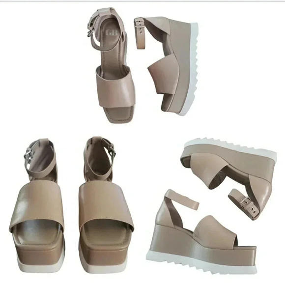 New Gianni Bini Wedge 10 Retro Tan Leather Platform Ankle Strap Lugsole Pin-Up - Picture 2 of 8